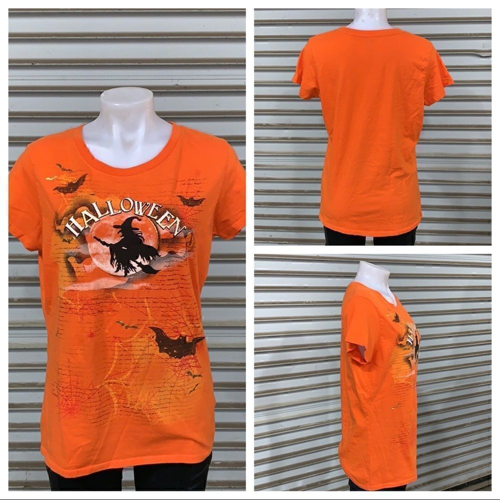 🛍️Halloween T- shirt short sleeve orange Holiday witch on broom and writing